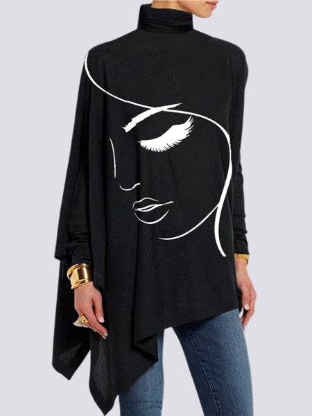 

Turtleneck Abstract Simple Long Sleeve Blouse, Black-white, Tops