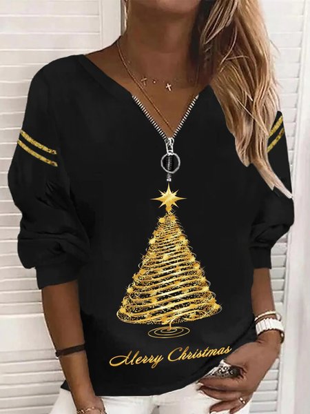 Casual Christmas Long Sleeve V Neck Printed Top Sweatshirt, Black, Hoodies & Sweatshirts