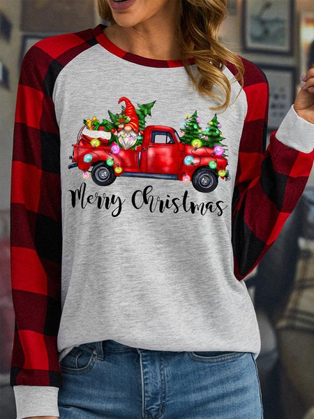 

Women's Christmas Gnome Buffalo Plaid Graphic Print Merry Christmas Loose Crew Neck Top, White, Long sleeves