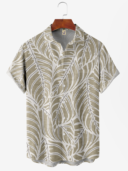 

Leaves Chest Pocket Short Sleeve Hawaiian Shirt, Khaki, Men Shirts