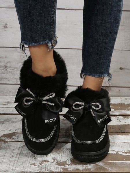 

Winter Casual Rhinestone Bow Furry Lined Snow Booties, Black, Boots