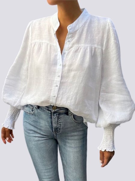 

V Neck Lantern Sleeve Loose Plain Blouse, White, Blouses and Shirts
