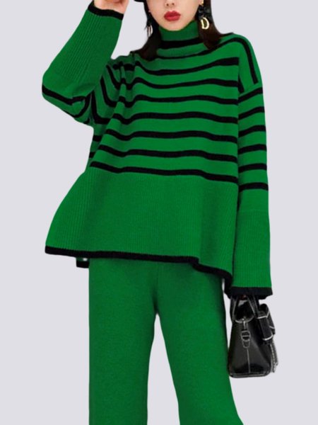 

Turtleneck Casual Striped Long Sleeve Sweater, Green, Sweaters