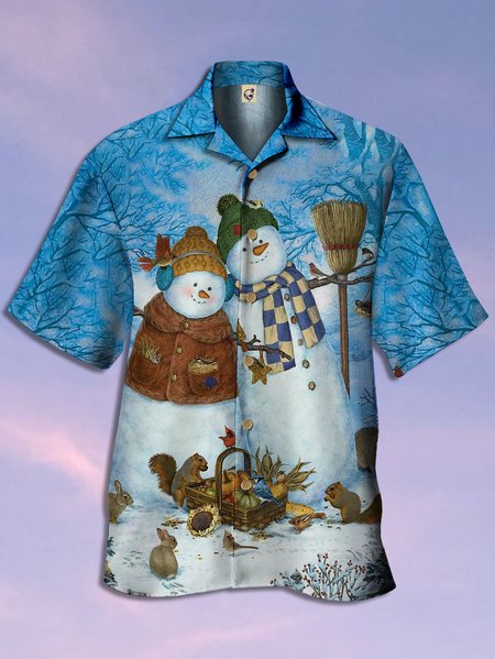 

Christmas Snowman Short Sleeve Camp Shirt, Blue, Men Shirts