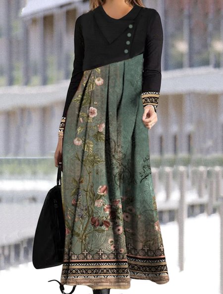 

Ethnic Floral Panel Slim Dress, Green, Maxi Dresses