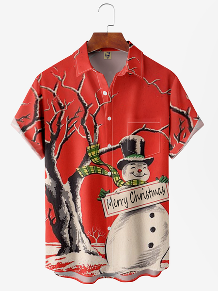 

Christmas Snowman Chest Pocket Short Sleeve Casual Shirt, Red, Men Shirts