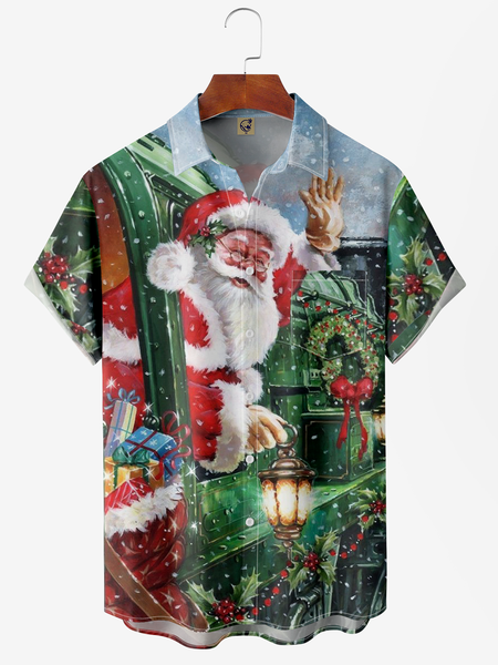 

Santa Claus Chest Pocket Short Sleeve Casual Shirt, Green, Men Shirts