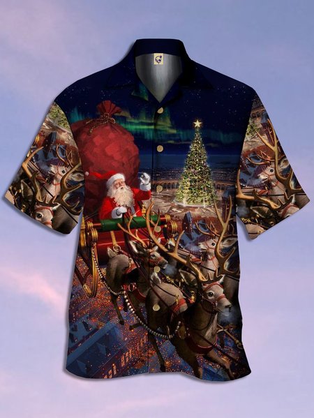 

Santa Claus Chest Pocket Short Sleeve Casual Shirt, Blue, Men Shirts
