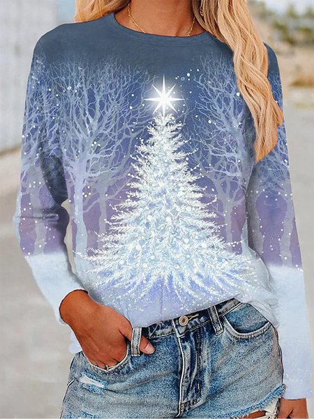 

Christmas Tree Long Sleeve Crew Neck Casual T-Shirt, White-blue, T-shirts