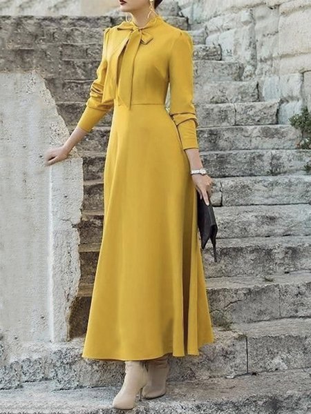 

Regular Fit Elegant Plain Long Sleeve Maxi Dress, Yellow, Maxi Dresses