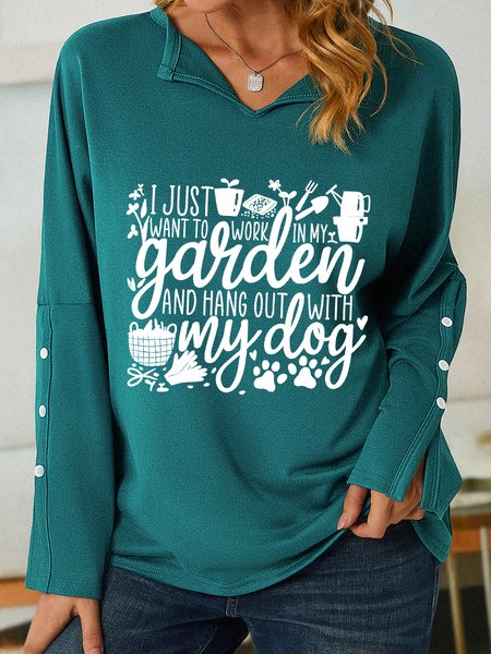 

Women Funny Word I Just Want To Work In My Garden With My Dog V Neck Simple Sweatshirt, Green, Hoodies&Sweatshirts