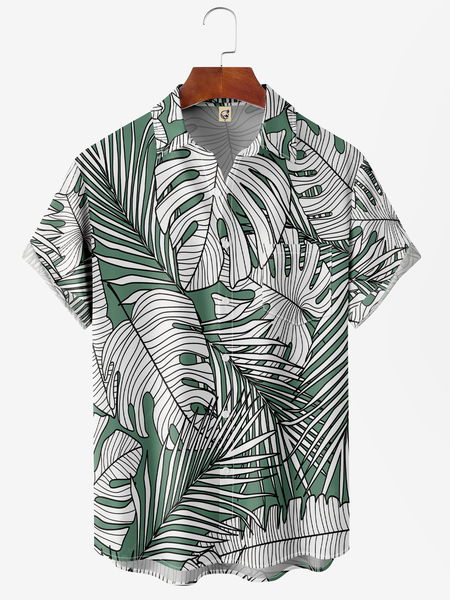 

Leaves Chest Pocket Short Sleeve Hawaiian Shirt, Green, Men Shirts