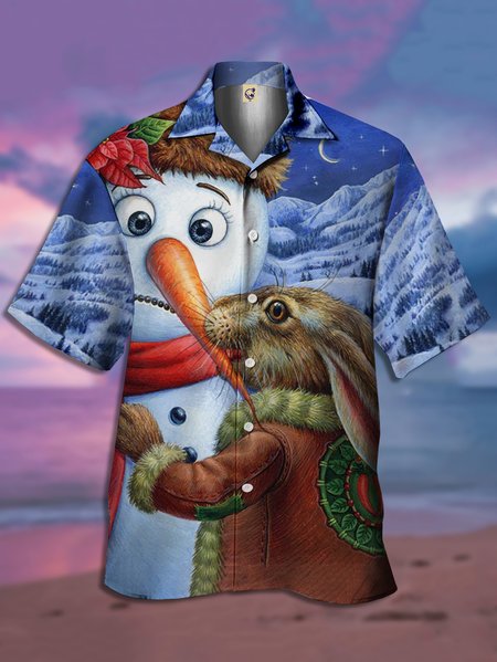 

Christmas Snowman Short Sleeve Camp Shirt, Blue, Men Shirts