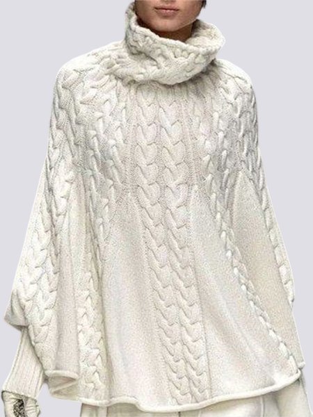 

Long Sleeve High Neck Loosen Solid Daily Sweater, White, Sweaters