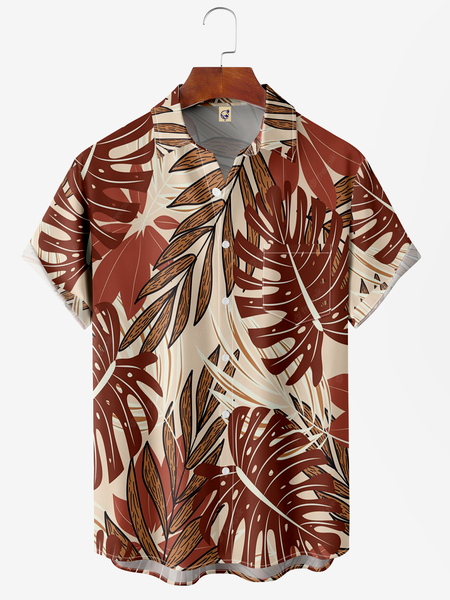 

Leaves Chest Pocket Short Sleeve Hawaiian Shirt, Coffee, Men Shirts