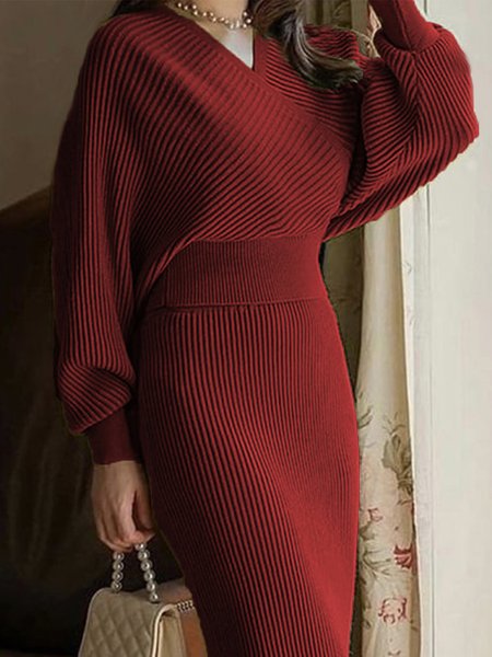 

Urban Simple V Neck Long Sleeve Plain Sweater, Red, Sweaters