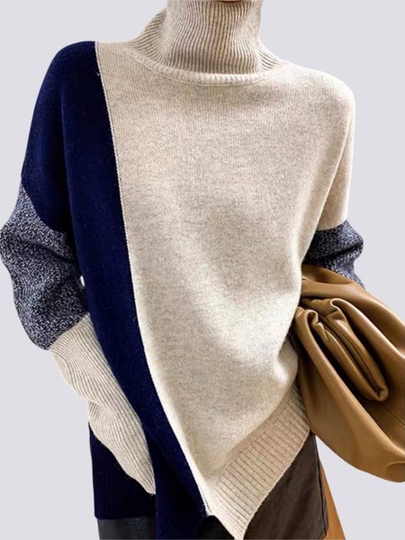 

Turtleneck Loose Urban Color Block Sweater, Multicolor, Sweaters