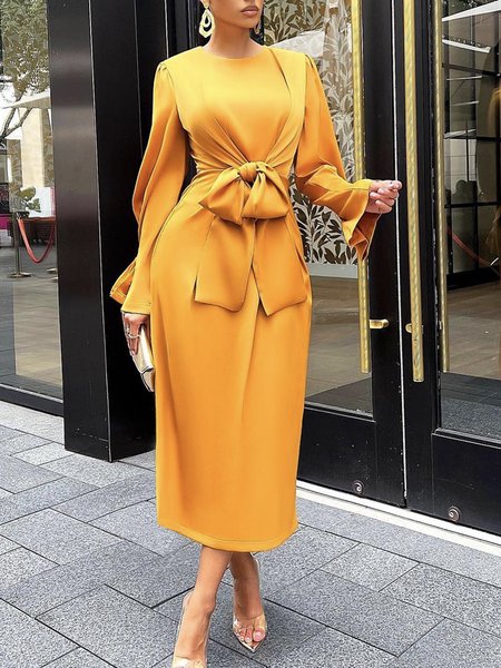 

Elegant Long Sleeve Crew Neck Plain Maxi Dress, Yellow, Midi Dresses