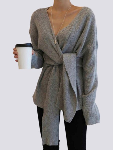 

Simple Long Sleeve Plain Cross Neck Sweater Coat, Gray, Sweaters
