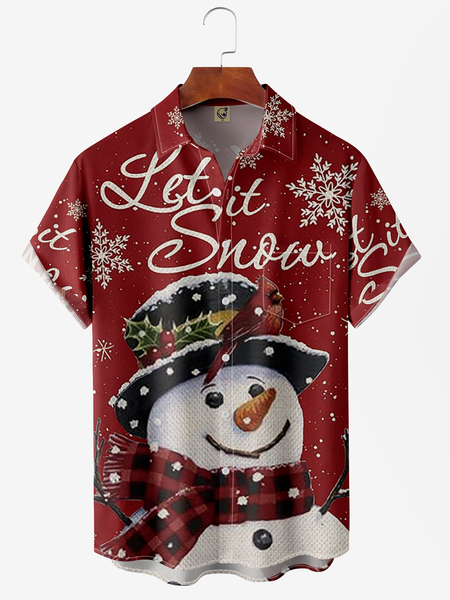 

Christmas Snowman Chest Pocket Short Sleeve Casual Shirt, Red, Men Shirts