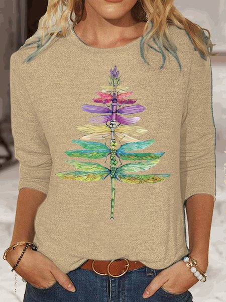 

Womens Christmas Tree Dragonfly Crew Neck Top, Apricot, Long sleeves