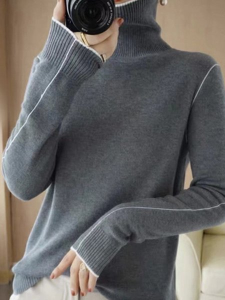 

Color Block Turtleneck Yarn/Wool Yarn Sweater, Gray, Sweaters
