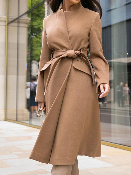 

Loose Plain Urban Lapel Collar Long sleeve Mid-long Overcoat, Khaki, Coats