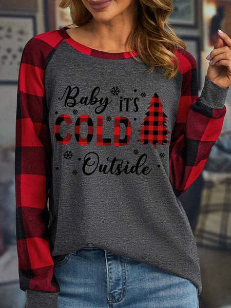 

Women Funny Christmas Baby It's Cold Outside Cotton-Blend Plaid Regular Fit Top, Deep gray, Long sleeves