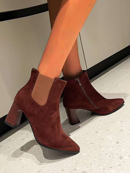 

Anti-Suede Simple Elegant Chunky Heel Chelsea Boots, Wine red, Boots
