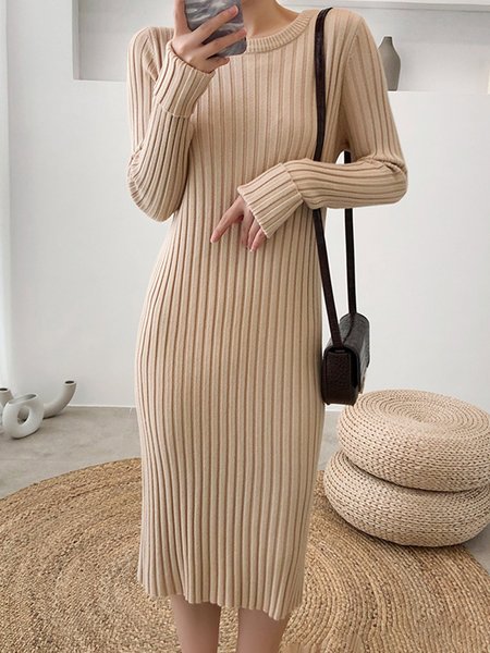 

Plain Regular Fit Long sleeve Midi Dress, Camel, Midi Dresses