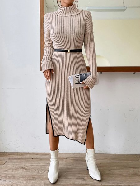 

Tight Elegant Long Sleeve Turtleneck Midi Dress, Apricot, Midi Dresses