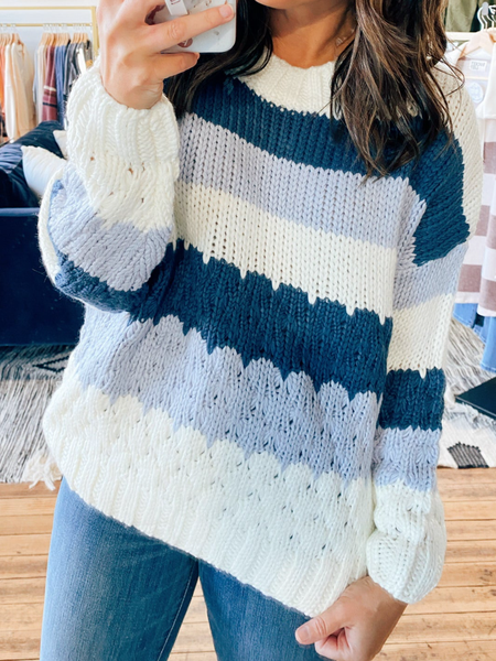 

Casual Crew Neck Wool/Knitting Striped Sweater, Blue, Sweaters