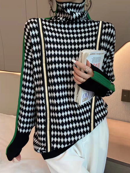 

High Elasticity Geometric Turtleneck Long sleeve Sweater, Black, Pullovers