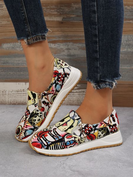 

Women's Casual Printing Zip Up Flat Shoes, Red, Flats