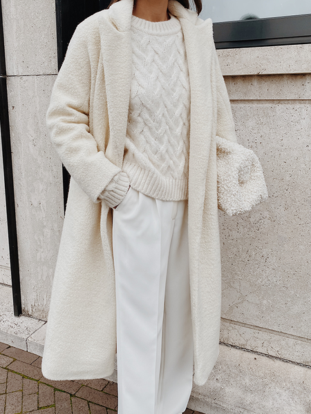 

Loose Urban Lapel Collar Long sleeve Mid-long Overcoat, White, Coats