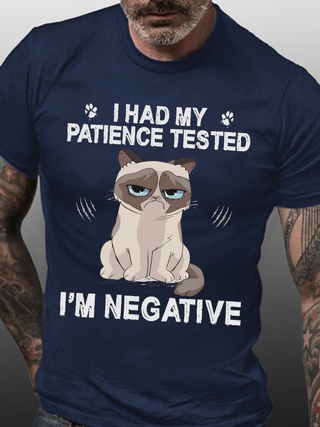 

Mens I Had My Patience Tested I Am Negative Funny Graphics Printed Grumpy Cat Text Letters Crew Neck Cotton T-Shirt, Purplish blue, T-shirts