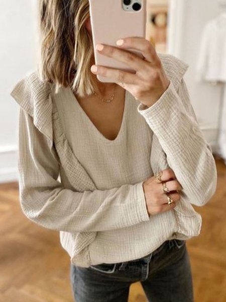 

Plain V Neck Casual Top, Apricot, Tops