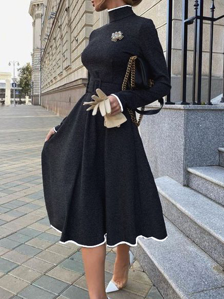 

Regular Fit Elegant Turtleneck Long sleeve Midi Dress, Gray, Midi Dresses