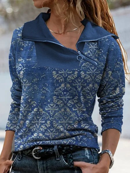 

Zipper Ethnic Ethnic Knitted Shirt, Blue, Shirts & Blouses