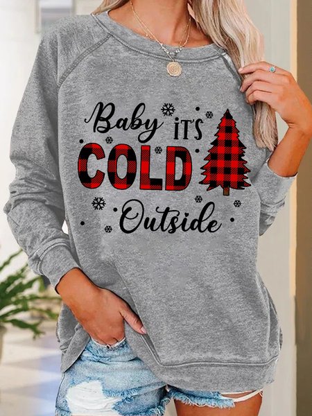 

Women Funny Christmas Baby It's Cold Outside Plaid Loose Sweatshirt, Gray, Hoodies&Sweatshirts