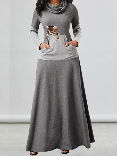 

Cotton-Blend Turtleneck Loose Dress, Gray, Dresses