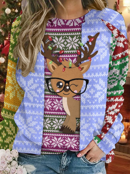 

Lilicloth X Paula Reindeer Christmas Sweater Print Women's Raglan Sleeve Sweatshirt, As picture, Hoodies&Sweatshirts