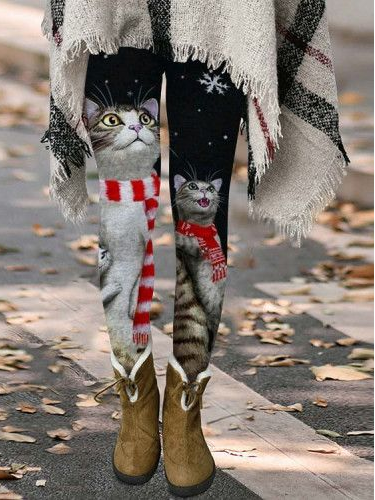 

Casual Cat Red Scarf Leggings, Multicolor, Leggings