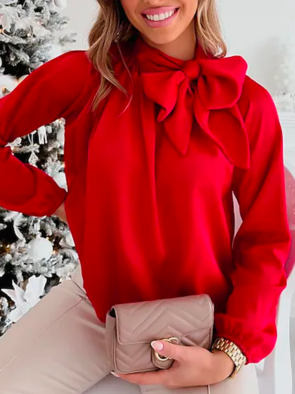

Plain Casual Stand Collar Blouse, Red, Shirts & Blouses