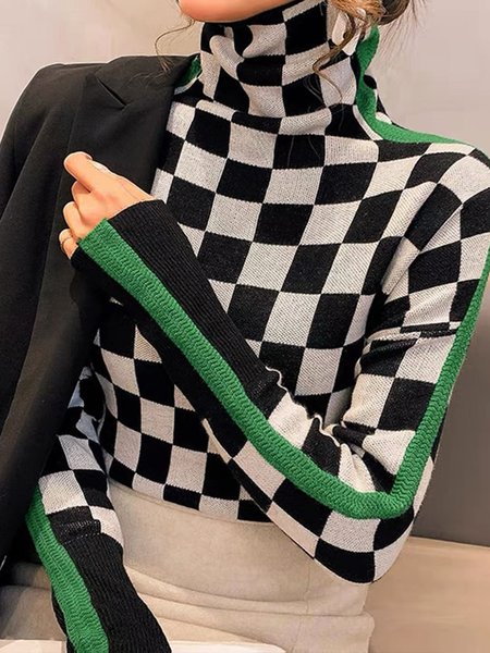 

Turtleneck Color Block Plaid Long Sleeve Sweater, Green, Pullovers