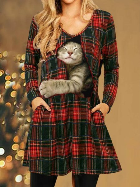 

Christmas V Neck Cat Casual Dress, Red, Dresses