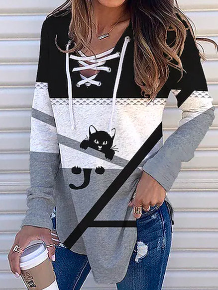 

Loose Cat Color Block V Neck Top, Multicolor, Sweatshirts & Hoodies