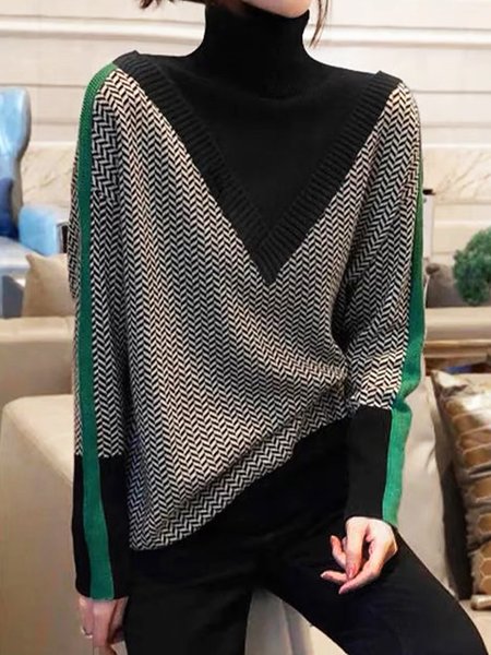 

Urban Turtleneck Color Block Loose Sweater, Green, Pullovers