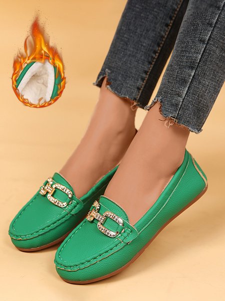 

Plain Rhinestone Metal-embellished Faux Fur-lined Loafers, Green, Flats