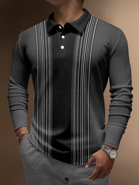

Striped Textured Button Long Sleeve Bowling Polo, Dark gray, Men's t-shirts